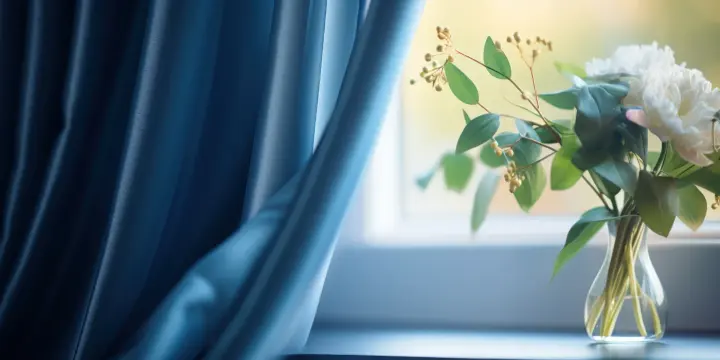 Closeup of a blue drapery pulled back over a window
