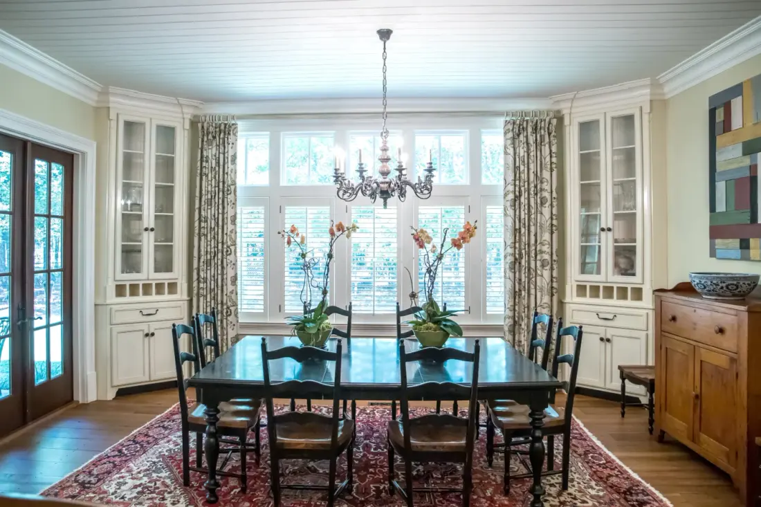 Spacious Dining Room Eat In Kitchen Full Of Windows And Natural Light Table And Chairs And White Shiplap Ceiling