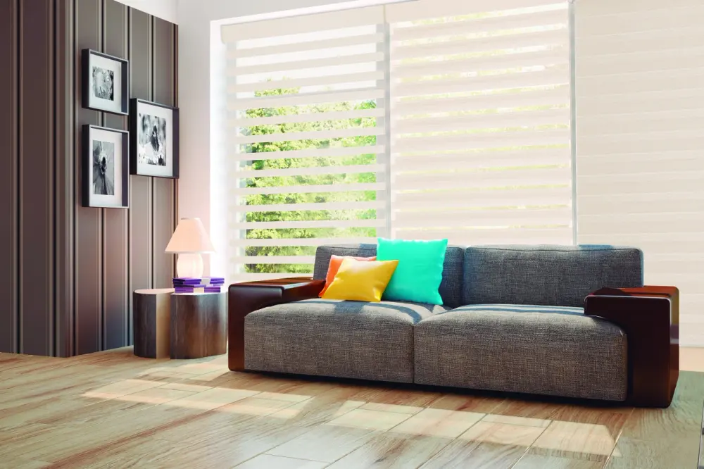 White dual shades over the windows in a Maricopa County, AZ living room.