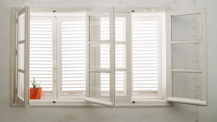 White double windows with shutters on them and orange potted plant in the window sill