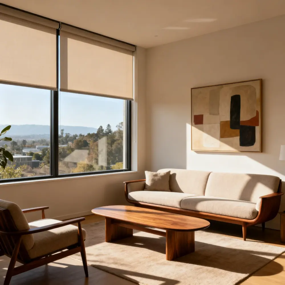 A sunlit modern living room with motorized roller shades, a wood-framed sofa and chair, abstract wall art, and a city view through large windows.