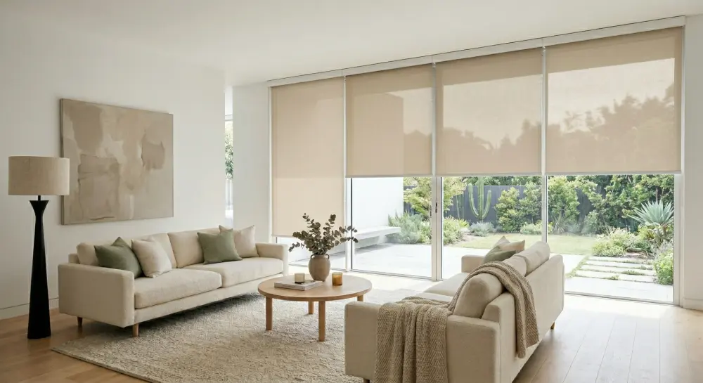 A minimalist living room with large roller window shades, neutral sofas, a round wood coffee table, soft beige décor, and a garden view through wide glass doors.