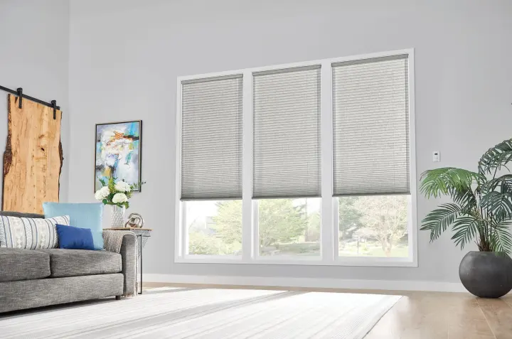 Modern living room with light-filtering cellular window shades, large three-panel windows, contemporary furnishings, and soft natural light.