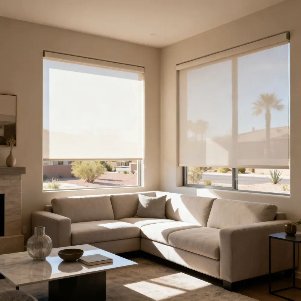A bright living room with large roller window shades, a beige sectional sofa, a marble coffee table, and desert sunlight filtering through the windows.