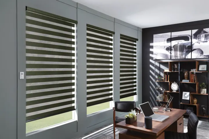 Sheer shades filtering light in a home office.