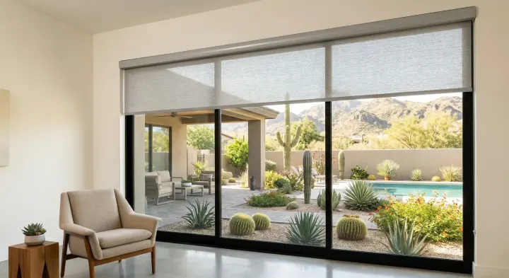 A modern roller window shade partially lowered over a large picture window, framing a desert backyard with a pool, patio seating, cacti, and mountain views.