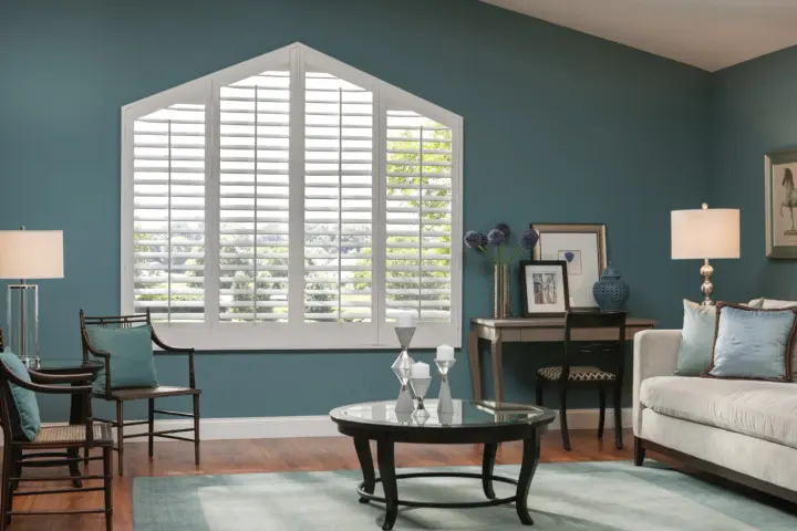 Closeup of faux wood shutters
