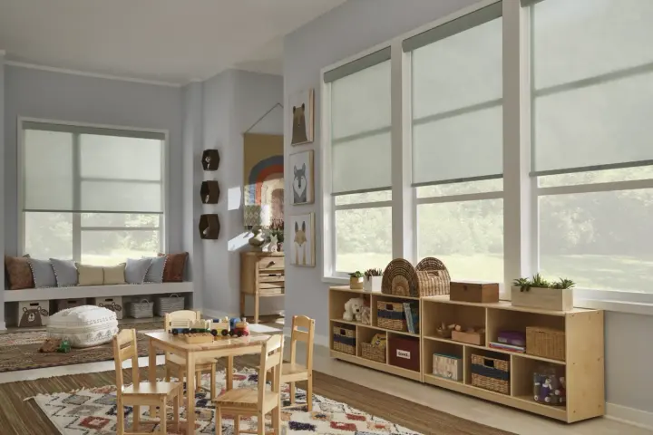 Two sets of vertical shades against light wooden walls in Peoria, AZ | Southwest Blinds