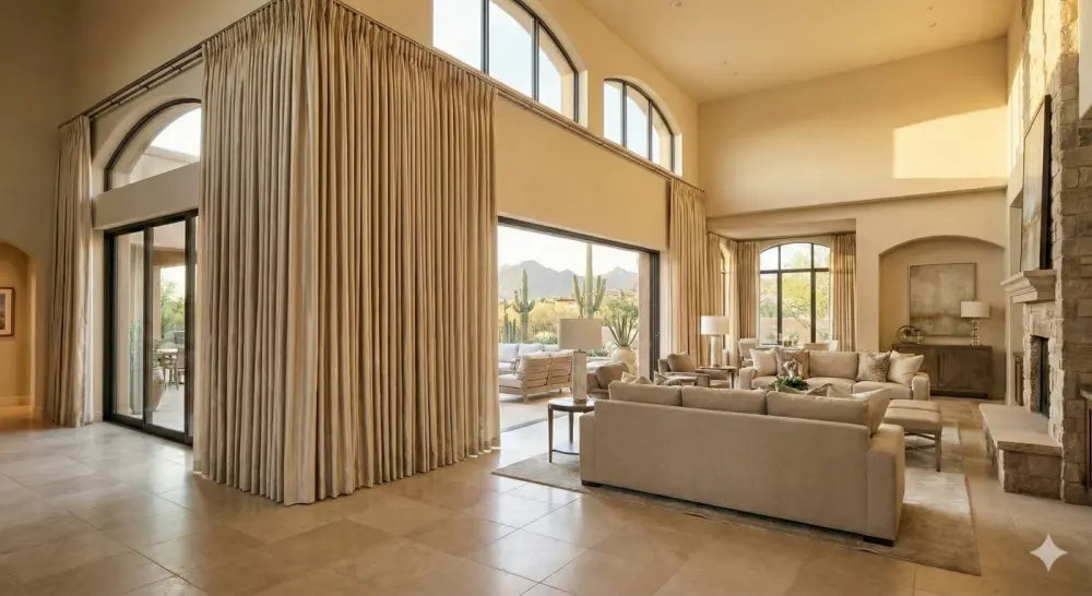 Custom drapery on the corner of a wall where a large-format door is on one side and a smaller door is on the other.