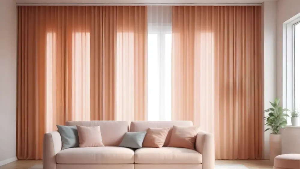 A living area with floor-to-ceiling windows framed by pink Drapery