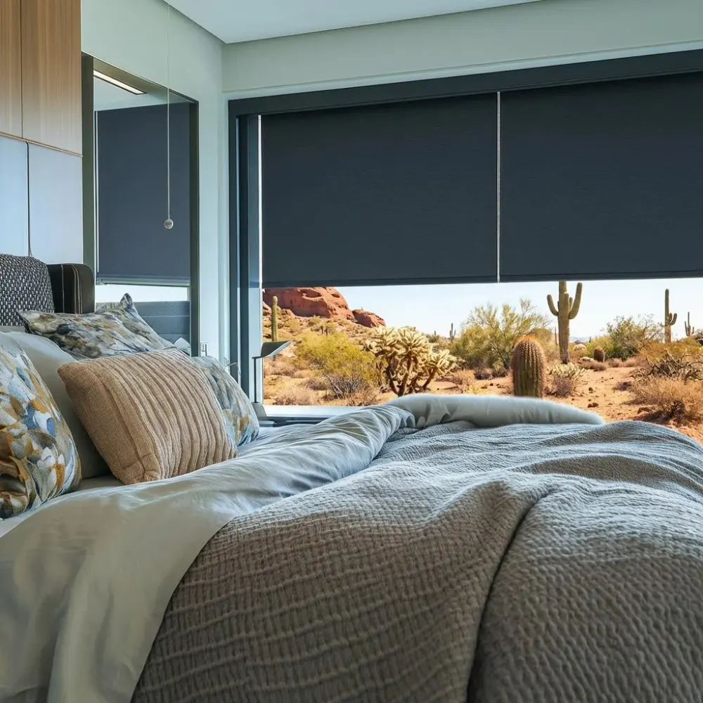 A close-up shot of dark blue cellular shades on a large window. The shades are partially closed, leaving only a small lower portion of the window glass visible.