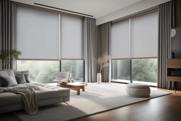 Large, modern living room with floor-to-ceiling windows with shades