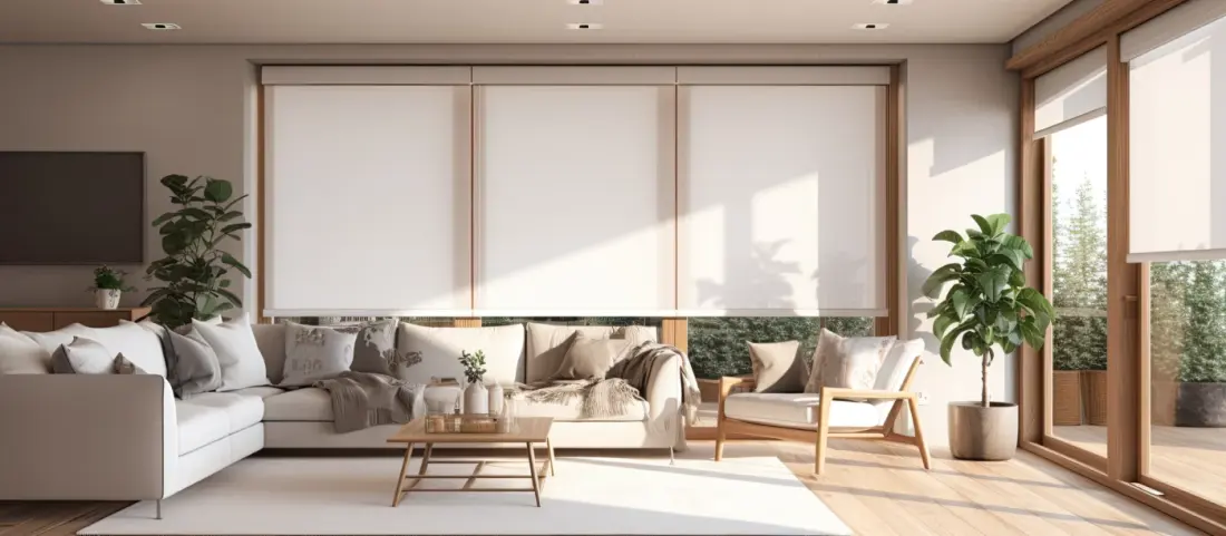 Modern Interior With Large Roller Blinds Automatic Solar And Blackout Shades Wood Decor Panels On Walls And Electric Sunscreen Drapery For Home With Copyspace For Text