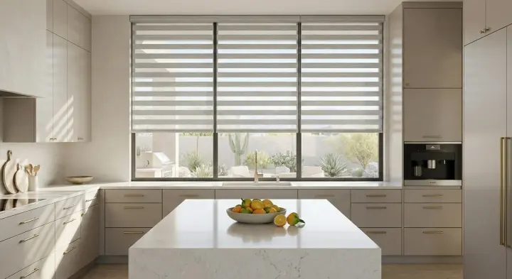 Premium zebra shades installed across tall windows, offering adjustable privacy, filtered sunlight, and stylish layered light control for the home.