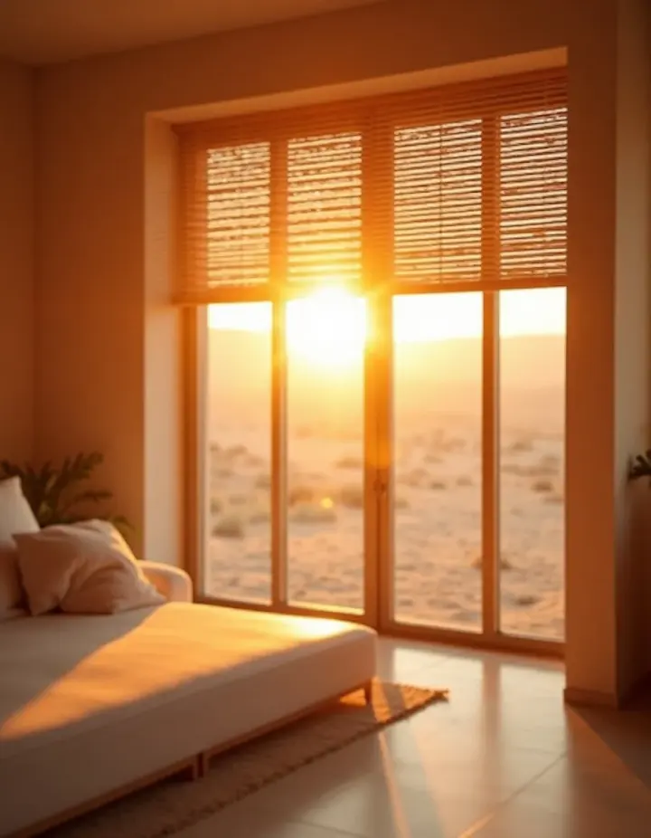 Wood blinds over window in room, overlooking desert landscape