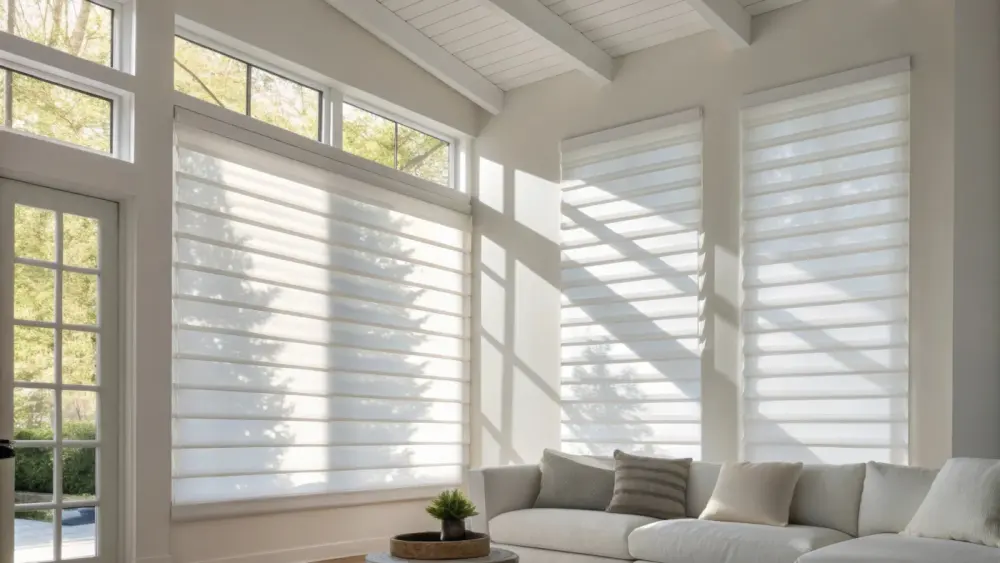 Living room with large picture windows with white drawn shades