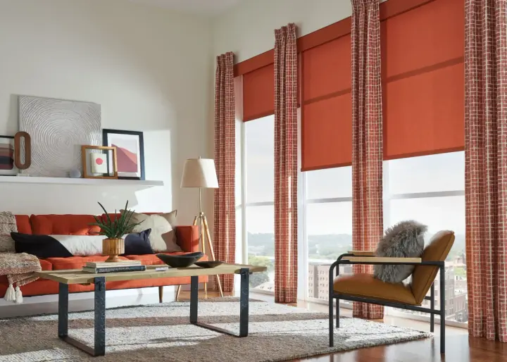 Large red custom window drapes with sheer drapes underneath in Peoria, AZ Southwest Blinds