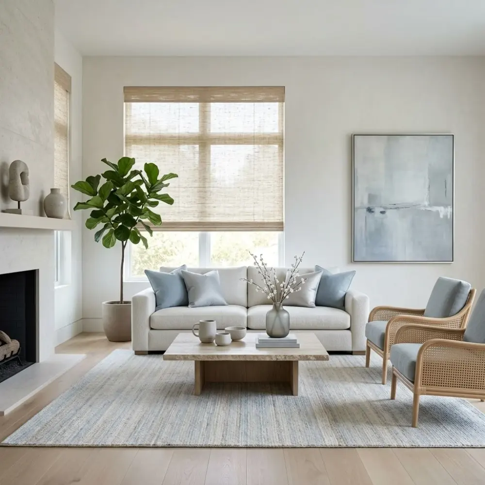 Refined living space with woven wood shades filtering natural light, modern seating, fireplace, built-in shelving, and warm organic textures.