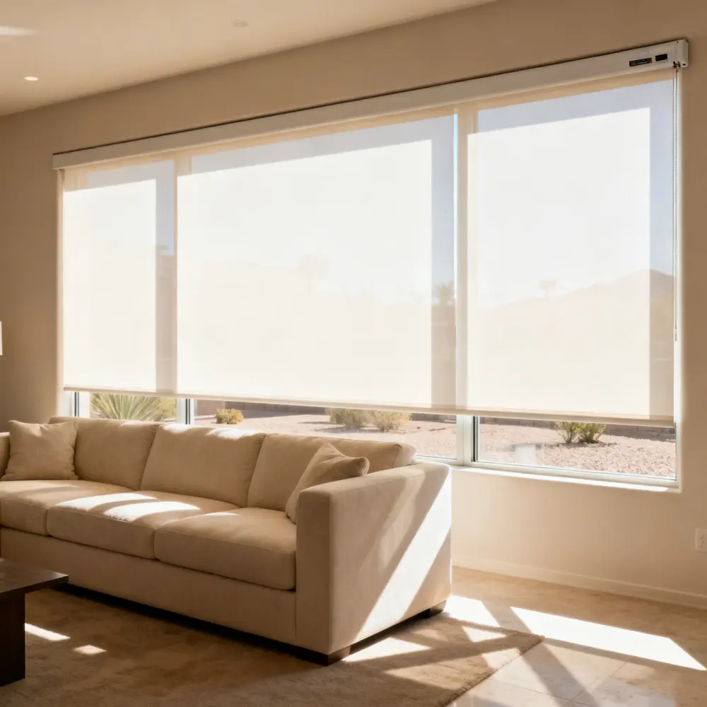 A living room with large light-filtering roller window shades, a beige sectional sofa, warm natural sunlight, and a desert landscape visible outside.