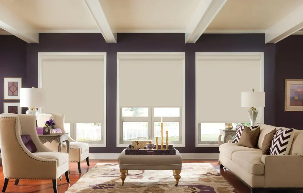 A living room with three white roller shades, dark purple walls, cream seating, wood floors, and a patterned area rug.