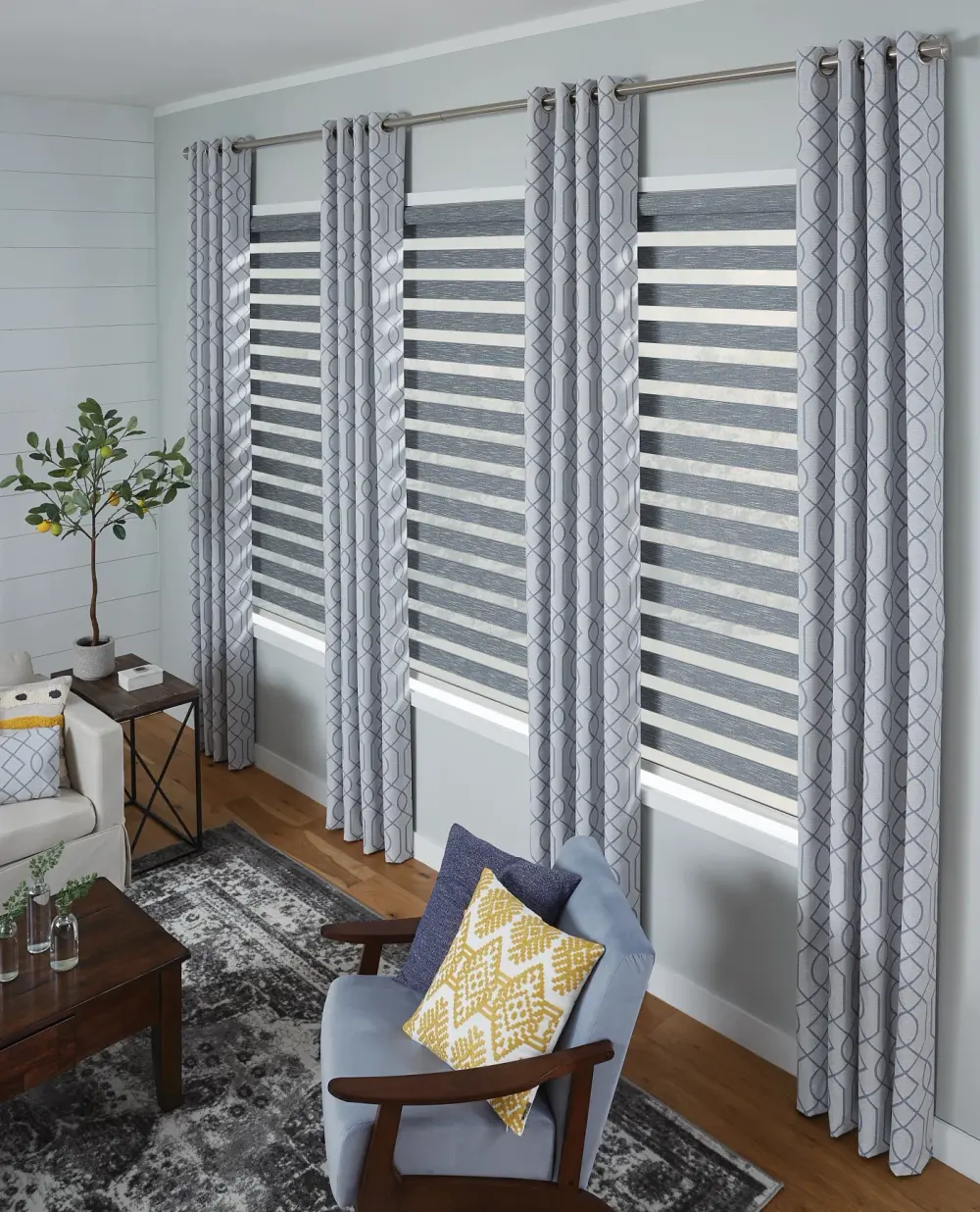 Home bedroom with beautiful wooden window shutters