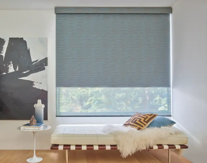 Bright modern living room with solar-ready roller window shades, large windows, stylish seating, natural light control, and clean contemporary décor.