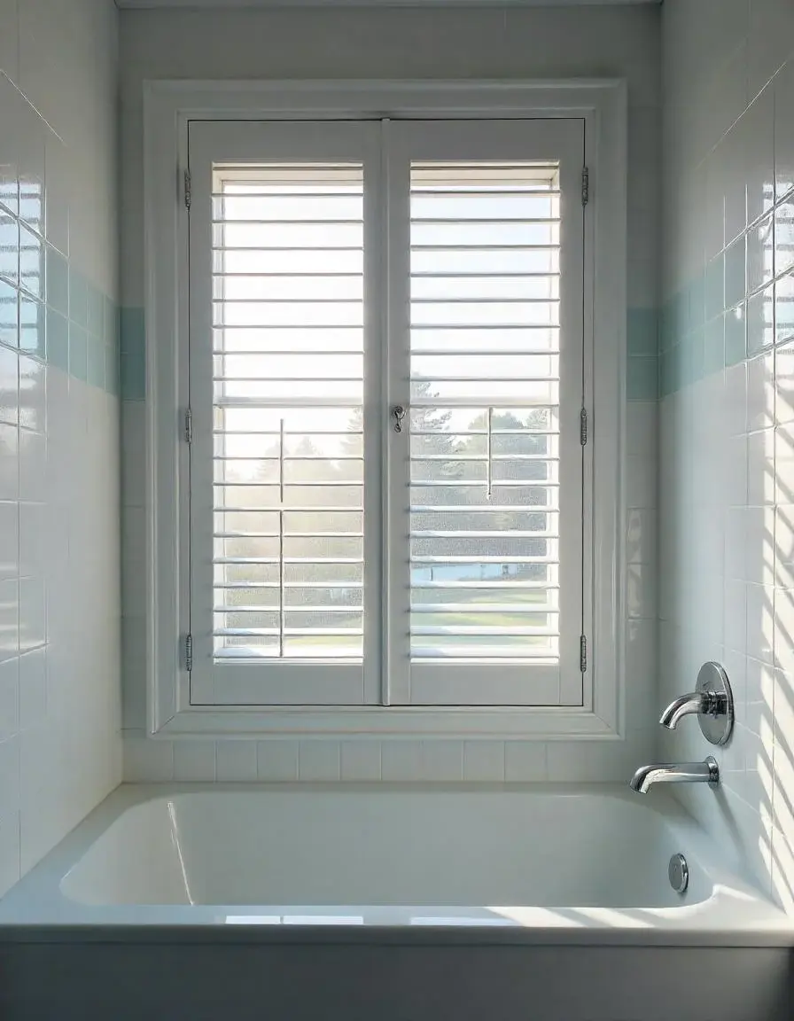 Shutters installed on large window in front of tub in bathroom