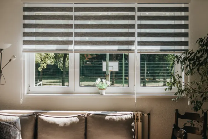 Striped shade on windows in living room of home