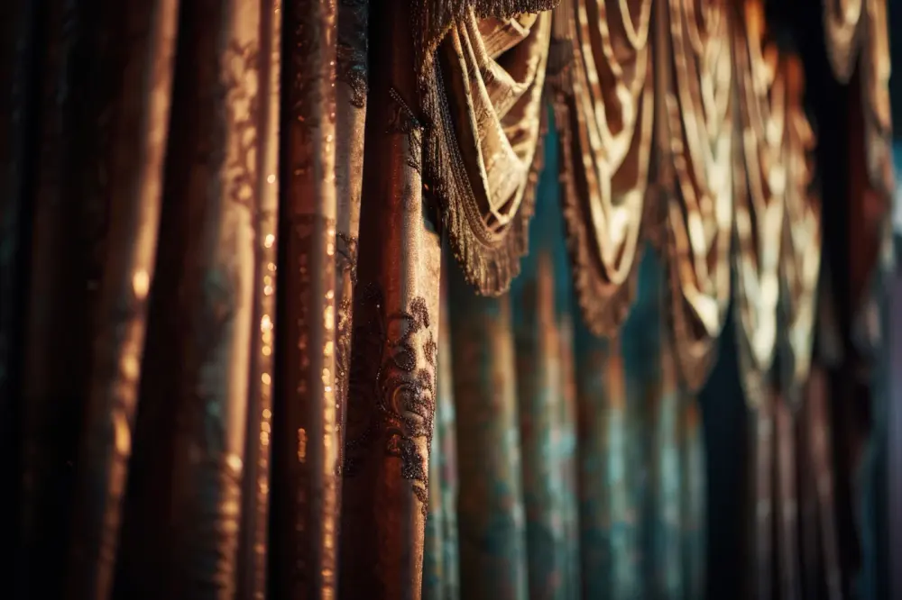 A close-up of thick, elegant navy blue and gold drapery.