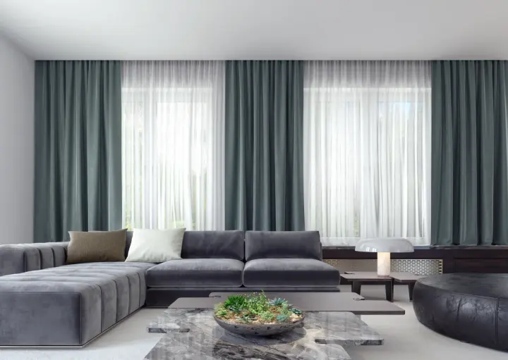 Drapery in living room in Whitney home installed by Southwest Blinds & Shutters