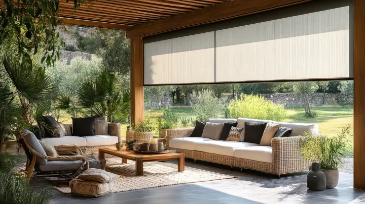 A patio seating area with patio shades
