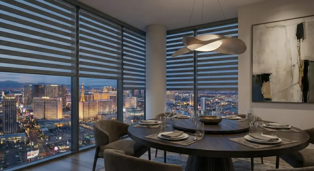 A dining room in the evening with the window shades partially open to allow views of the cityscape.