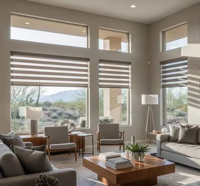 Modern living room with zebra shades, tall windows, desert views, gray seating, wood coffee table, lamps, and soft natural daylight filtering in.