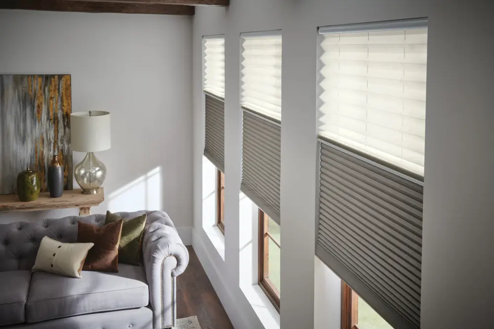 Elegant living room featuring top-down bottom-up cellular shades on tall windows.