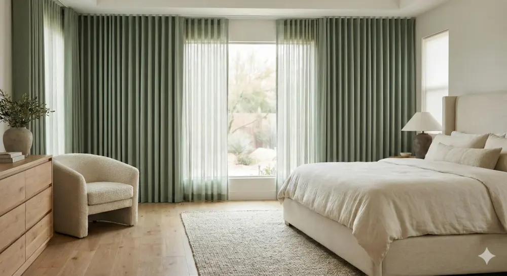 A bedroom with a sliding patio door and floor-length green drapery.