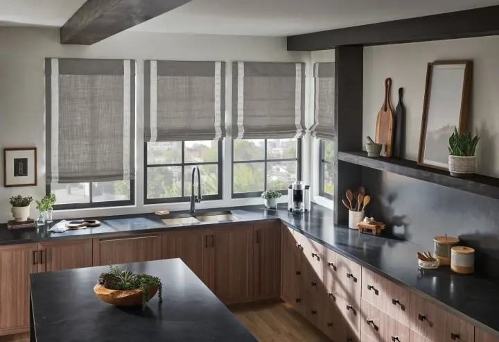 A bedroom with multiple windows covered by woven wood shades.