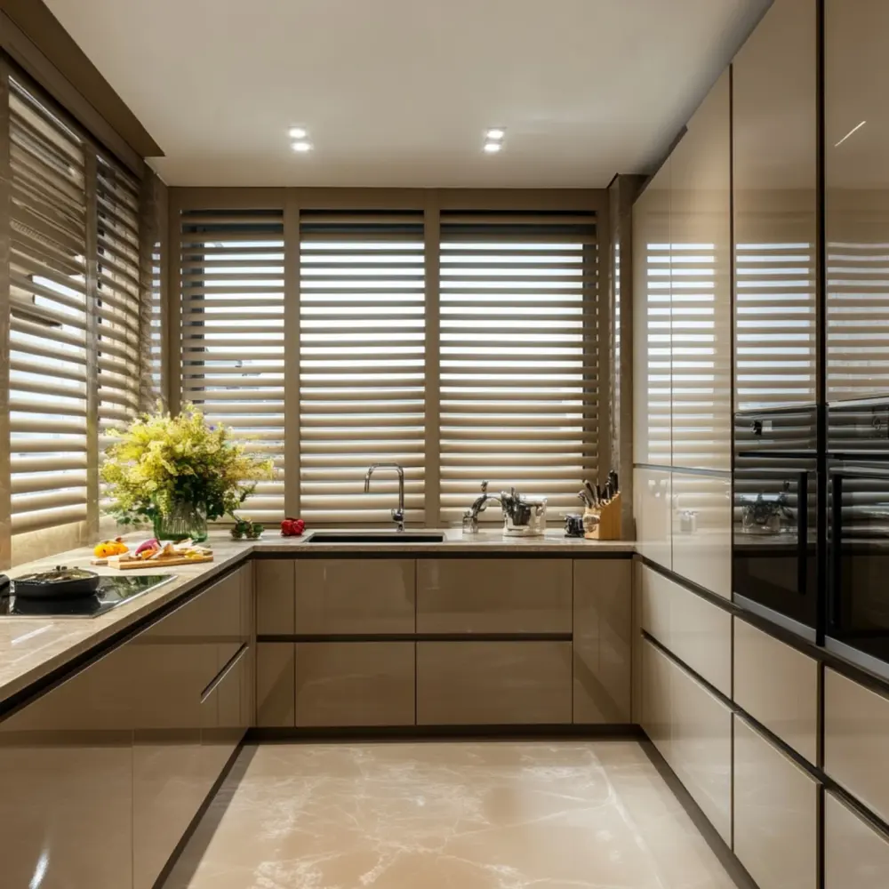 Plantation-style shutters over the windows of a beige modern kitchen