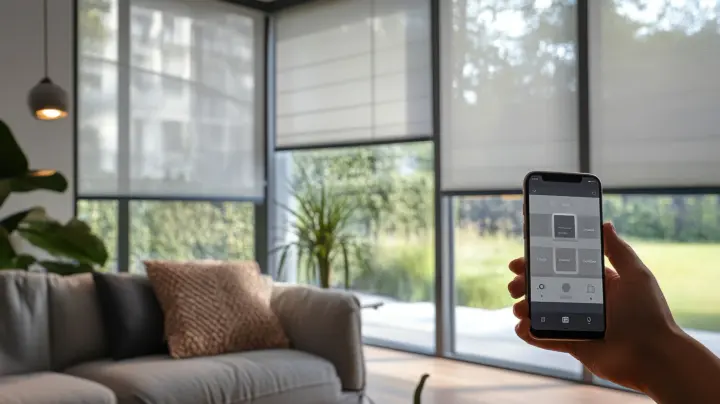 Hand holding a remote-controlled motorized shades