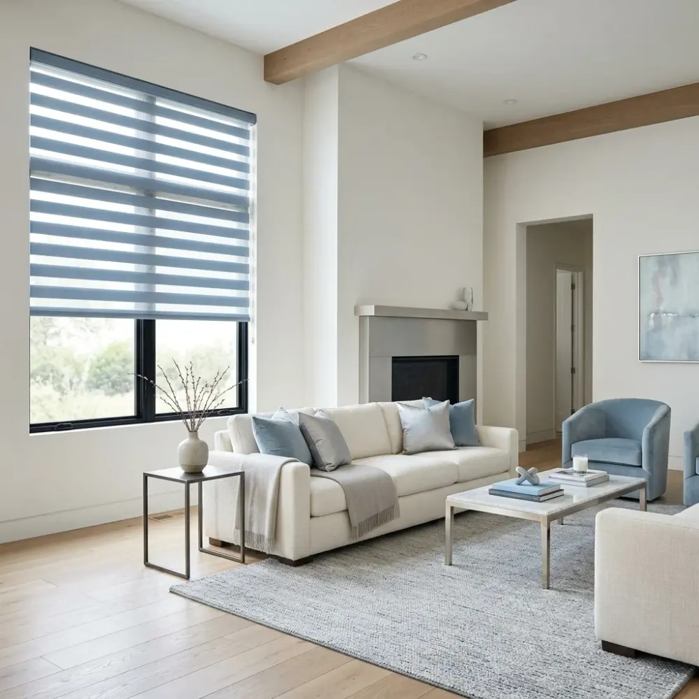 A bright Queen Creek, AZ living room with a zebra shade showing alternating sheer and solid bands for adjustable light, glare control and privacy.