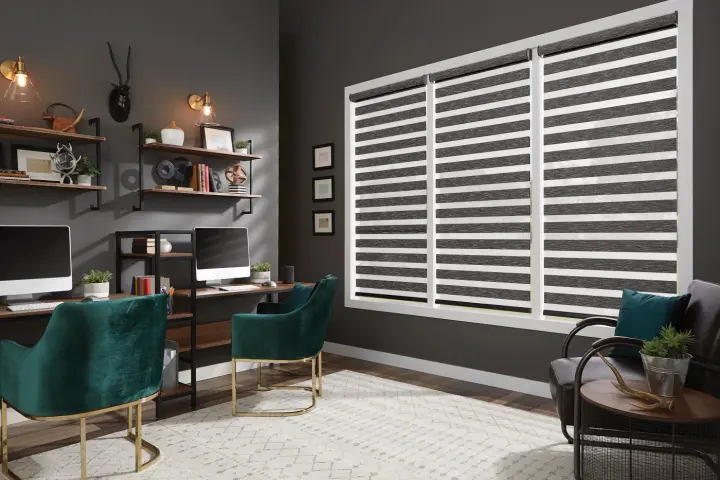Window shades closing on windows with a beautiful nature view