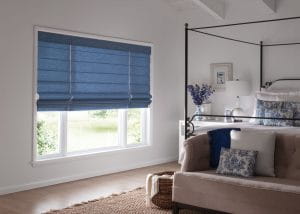 Blue Roman Shades In A Bedroom