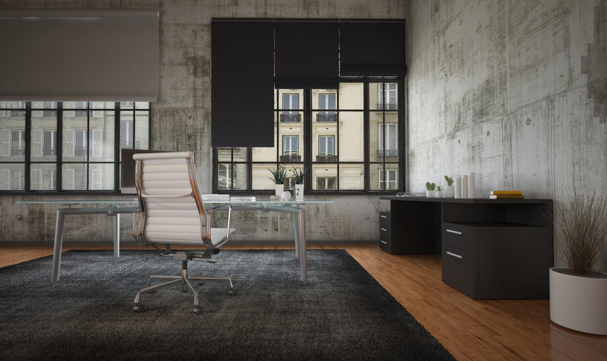 3D Rendering of Stark modern office interior with grey walls, minimalist furnishing and large feature windows with blinds overlooking a commercial urban building