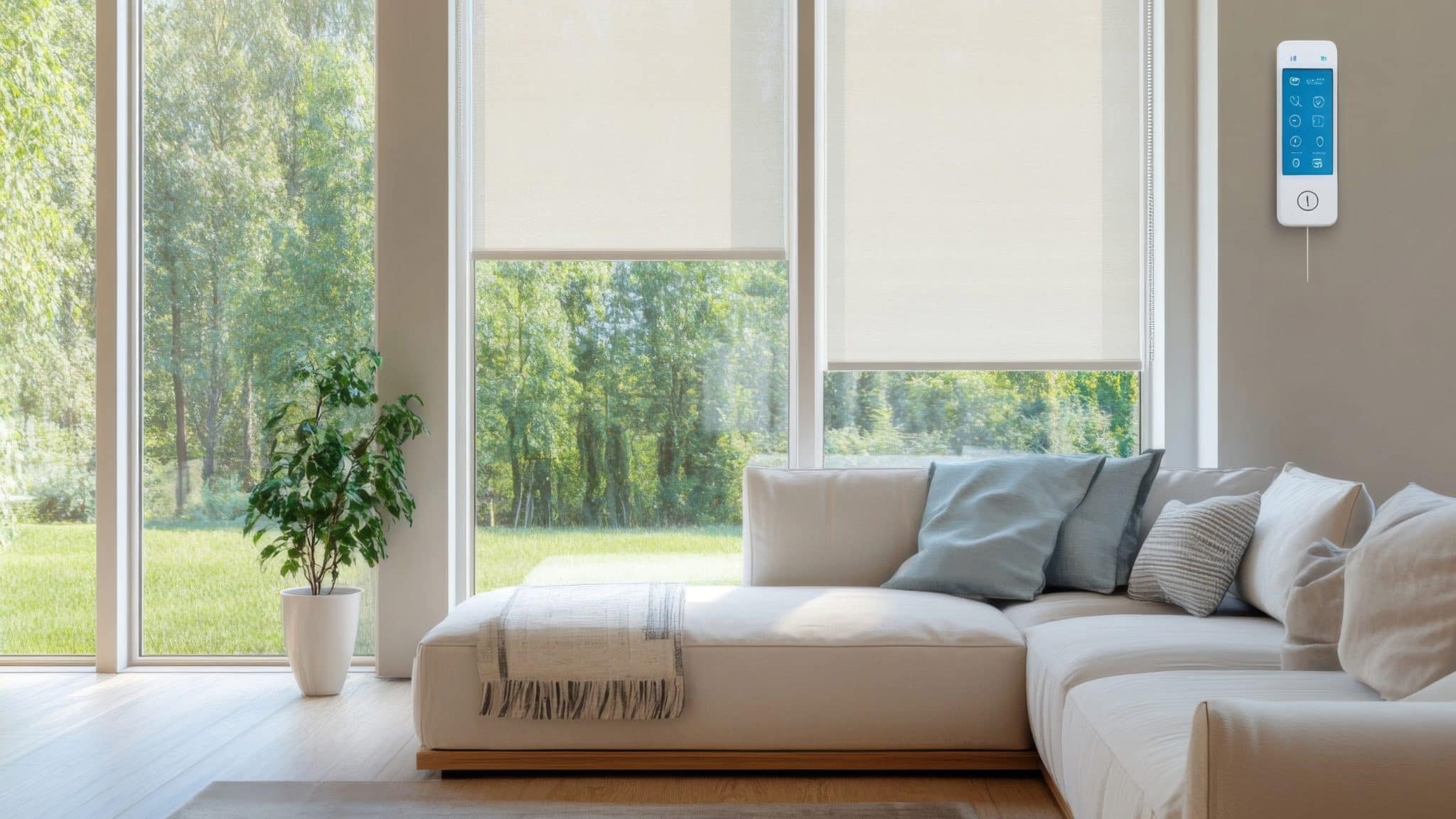 A living room with floor-to-ceiling windows with motorized shades