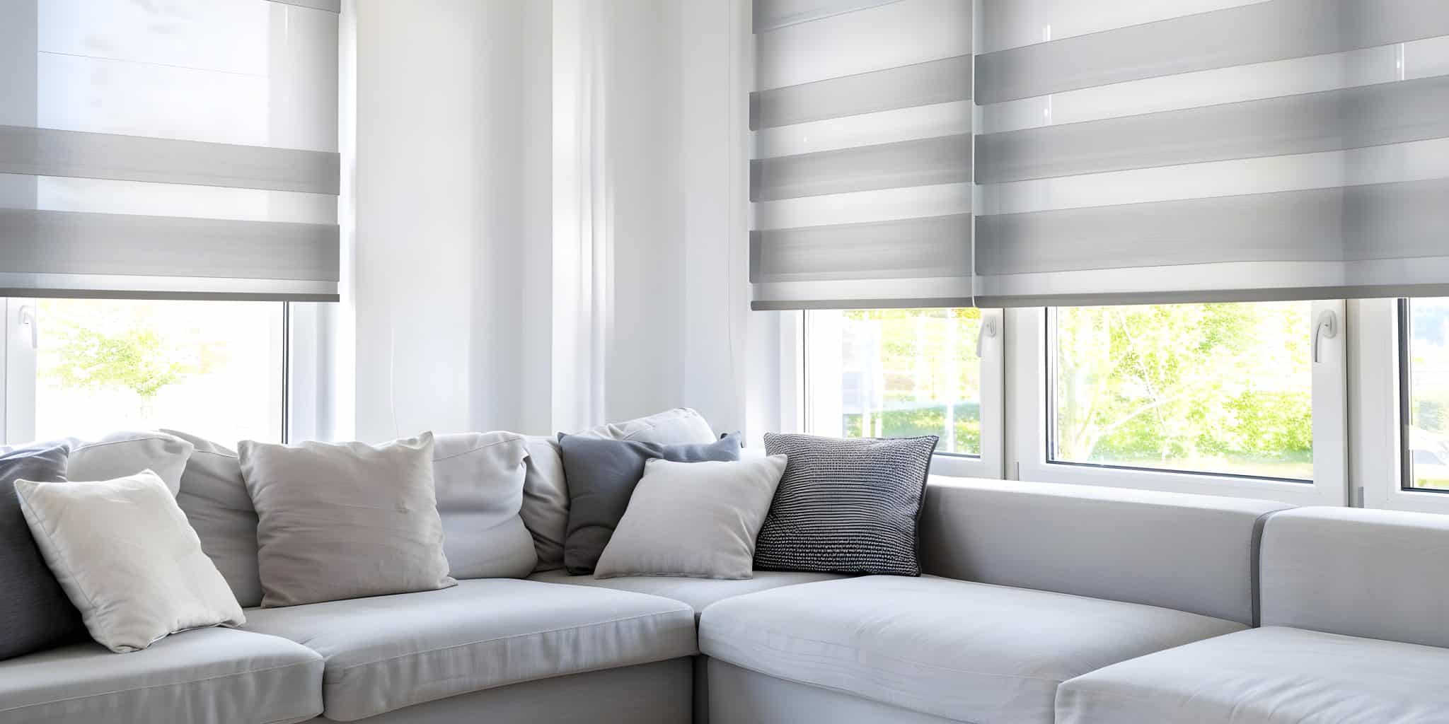 This Image Features A Large L-Shaped Couch With Windows And Roller Shades.