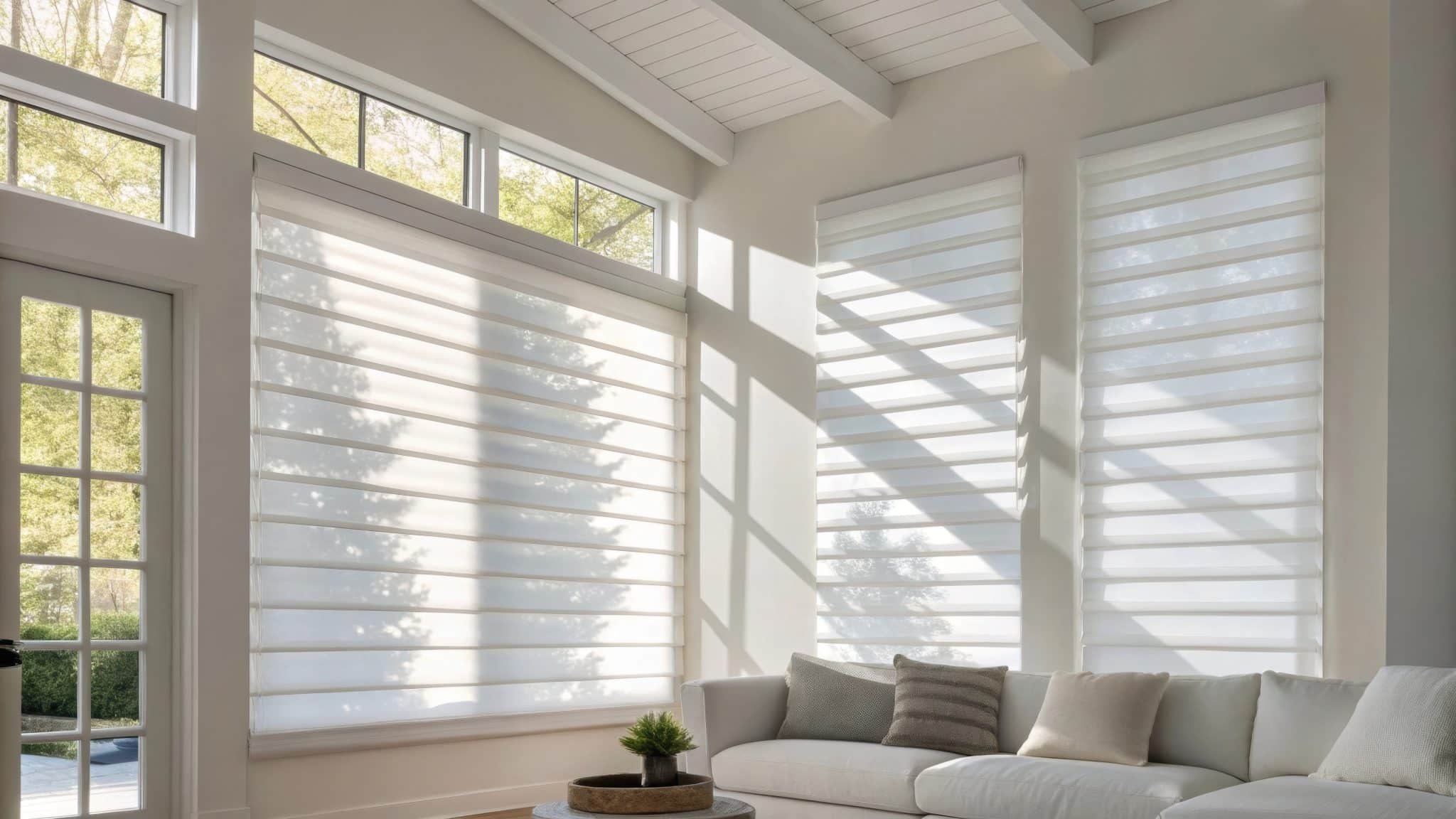 Living Room With Large Picture Windows With White Drawn Shades